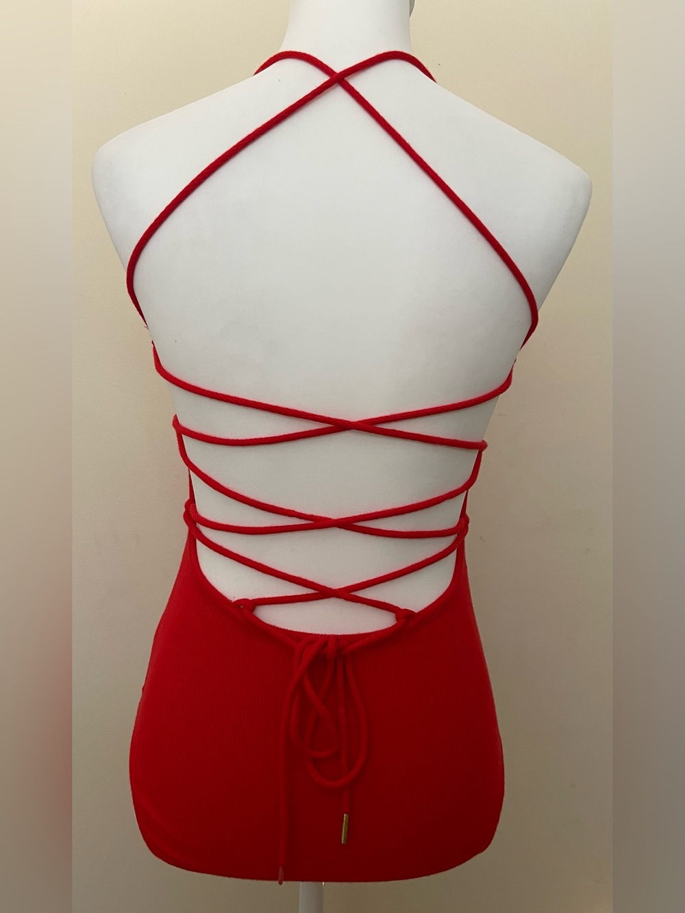 Superdown Red Strappy Lace-Up Open-Back Women’s Bodysuit, Size M